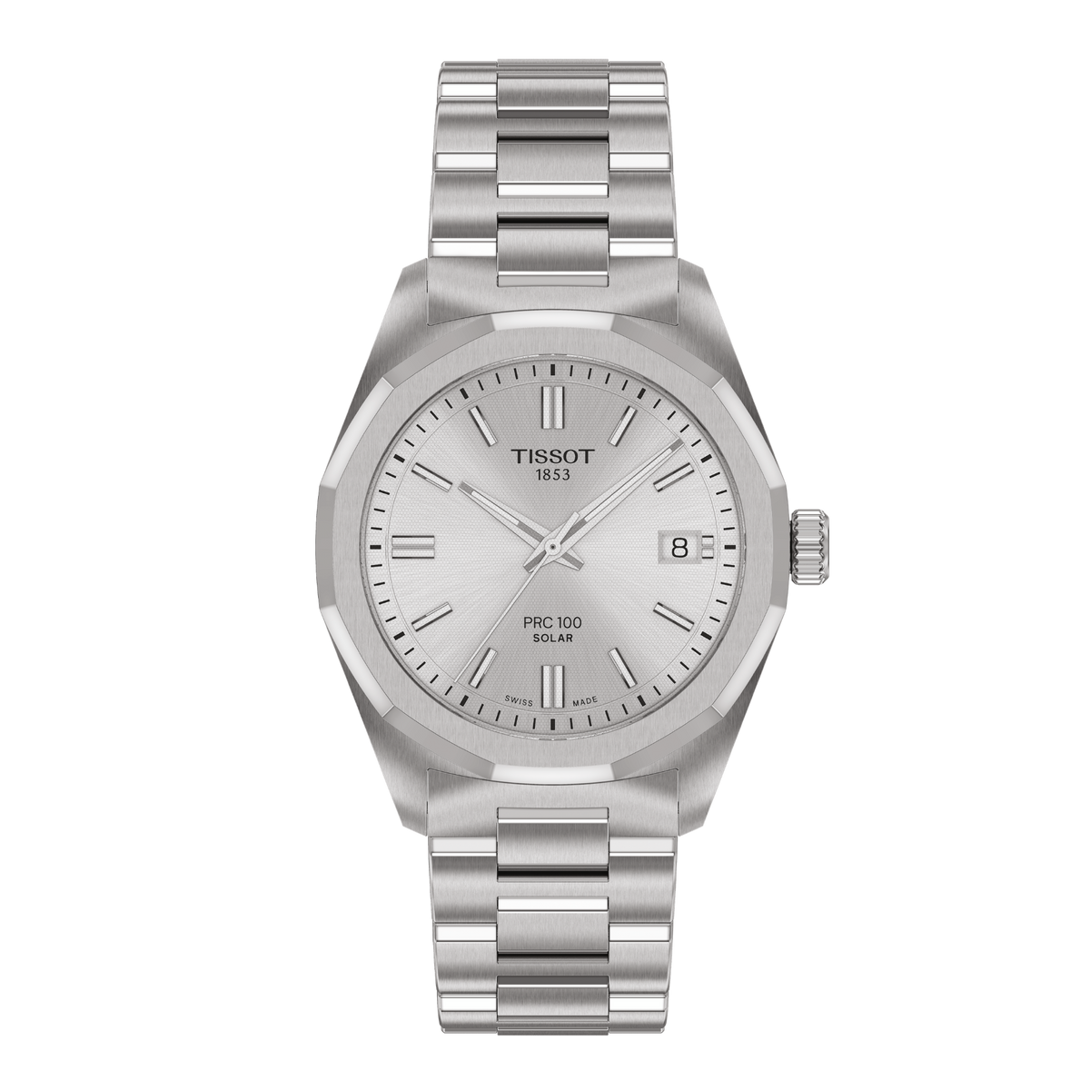 Tissot PRC 100 Solar stainless steel watch featuring a silver textured dial, slim baton hour markers, and a date window at 3 o’clock, paired with a bold integrated-style stainless steel bracelet for a modern, sporty finish
