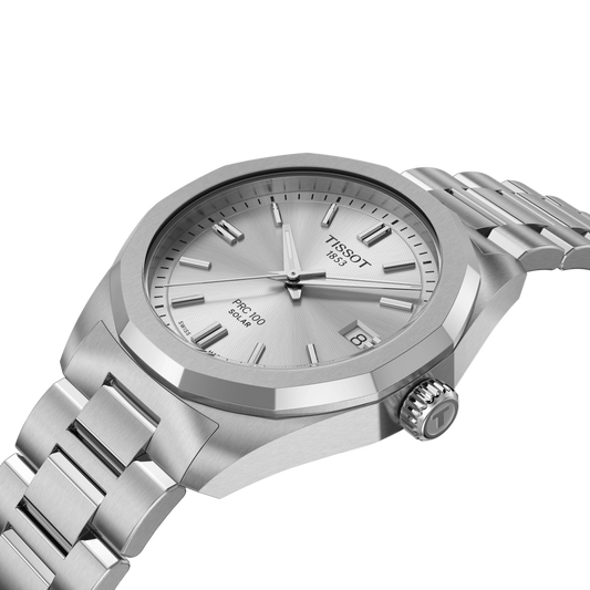 angled view of the watch on the bracelet, revealing the subtle dial texture, sharp geometric case lines, and the brushed bracelet links from a side-forward perspective