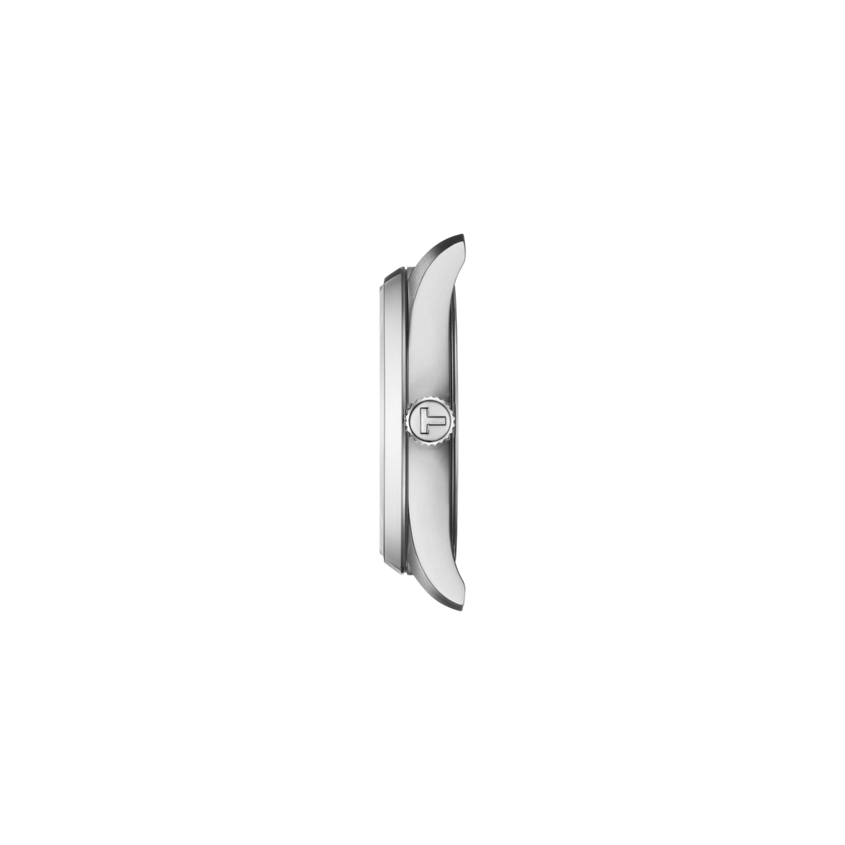 side profile of the case showcasing the slim stainless steel construction, polished bezel edge, and neatly detailed crown for a clean, feminine silhouette