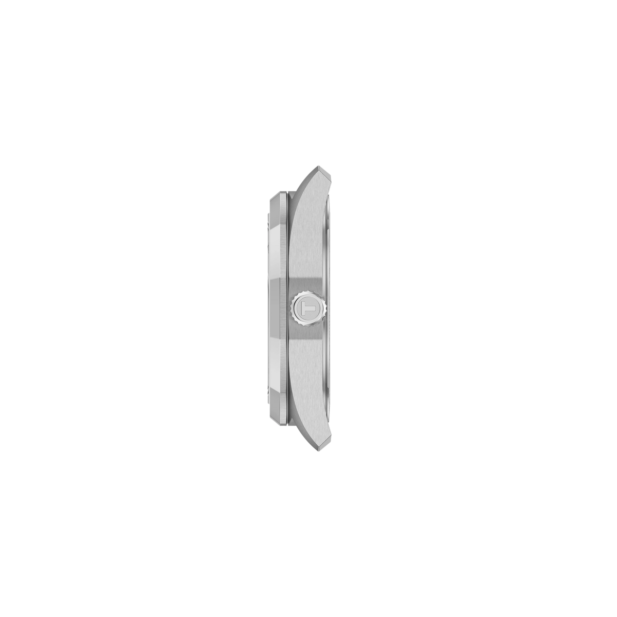 side profile of the case showcasing the faceted stainless steel construction, brushed finishing, and neatly detailed crown design