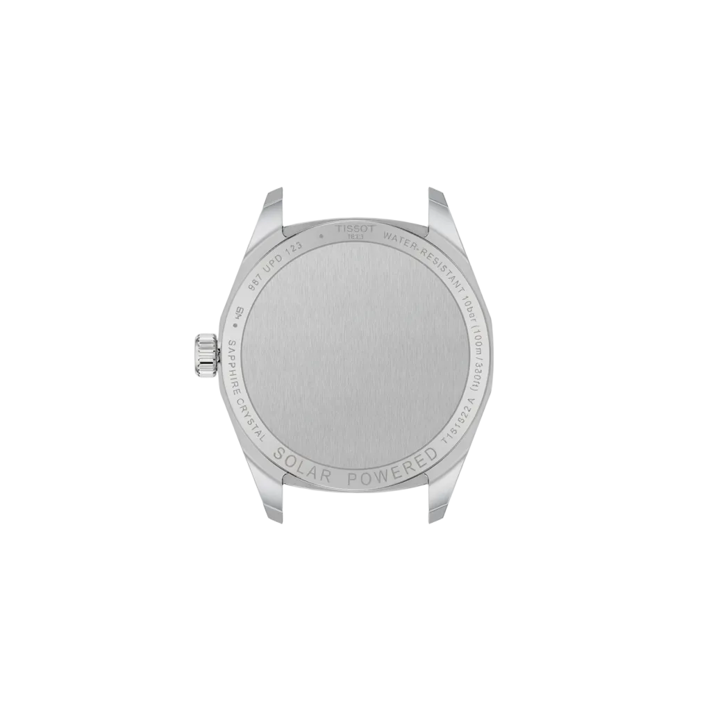 caseback view displaying the solid stainless steel construction and solar-powered design, built for dependable daily wear and long-lasting performance