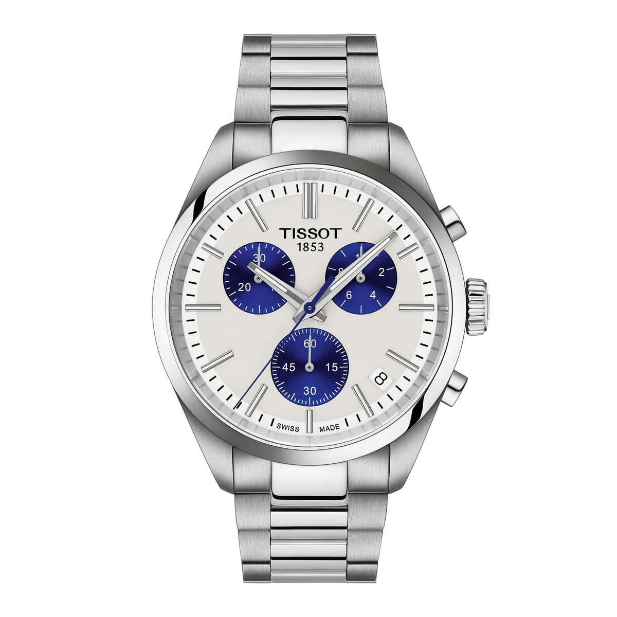 Tissot Chronograph White Dial Watch featuring striking blue sub-dials, a brushed stainless steel bracelet, and a sporty yet refined design with sharp modern detailing