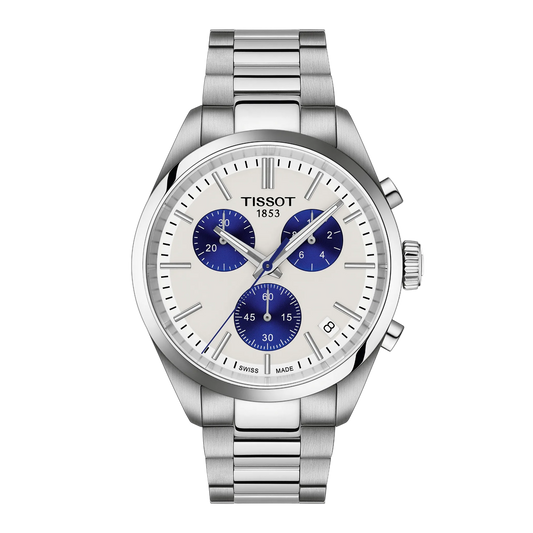 Tissot Chronograph White Dial Watch featuring striking blue sub-dials, a brushed stainless steel bracelet, and a sporty yet refined design with sharp modern detailing
