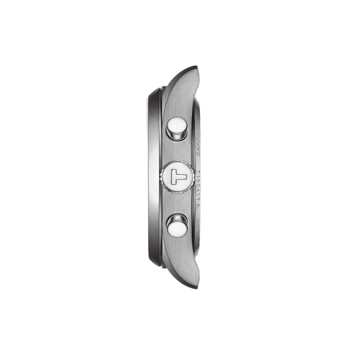 side profile image highlighting the stainless steel case thickness, polished chronograph pushers, signed crown, and brushed finishing that enhance the watch’s athletic character