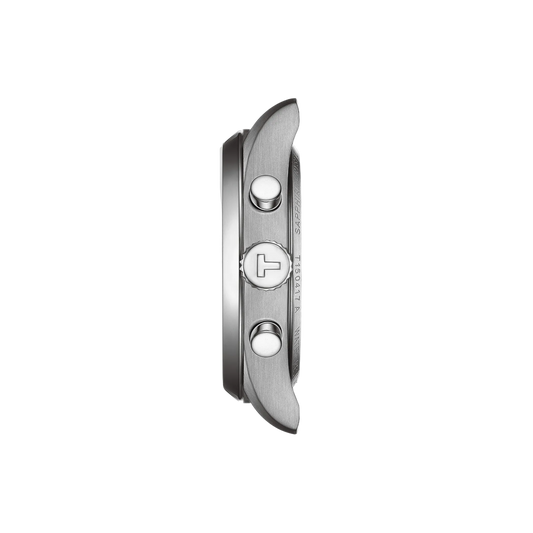 side profile image highlighting the stainless steel case thickness, polished chronograph pushers, signed crown, and brushed finishing that enhance the watch’s athletic character