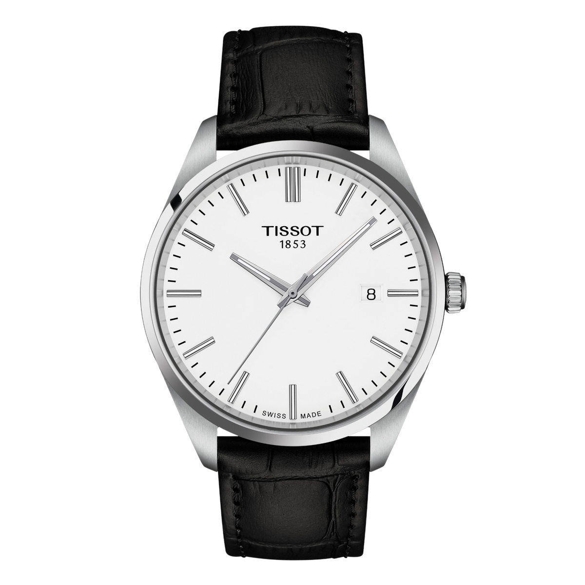 Tissot White Dial Watch with a crisp minimalist display, slim silver-tone baton markers, and a black leather strap for a refined timeless dress-watch aesthetic