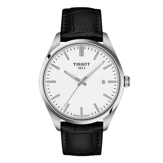 Tissot White Dial Watch with a crisp minimalist display, slim silver-tone baton markers, and a black leather strap for a refined timeless dress-watch aesthetic