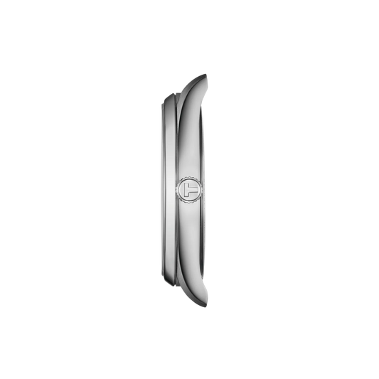 side profile of the stainless steel case showcasing the slim silhouette, polished finishing, and refined crown detailing that enhance the watch’s understated elegance