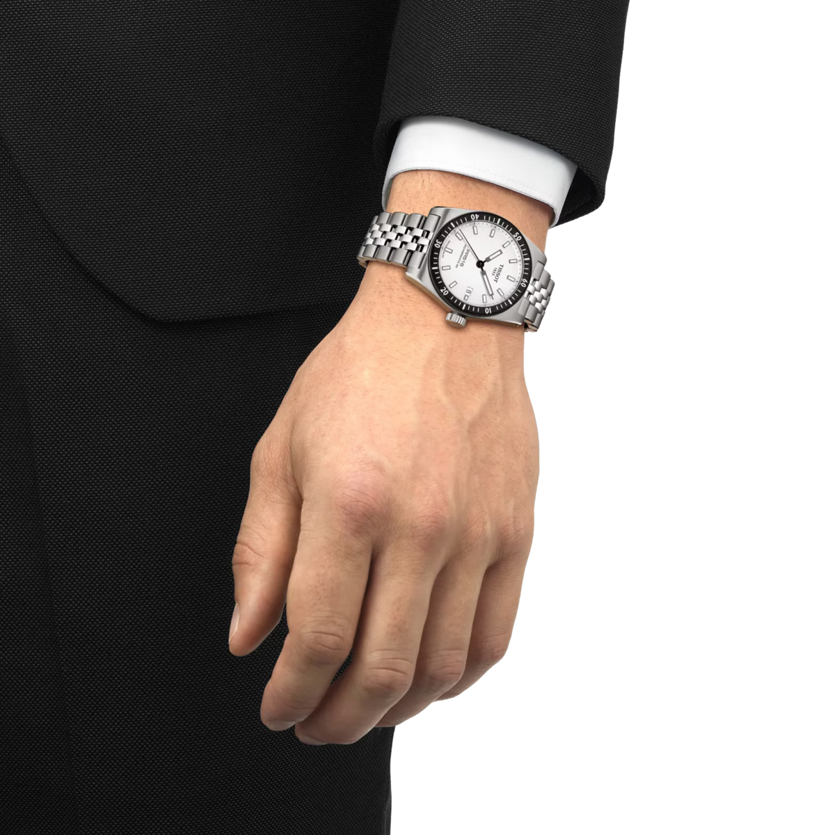 Tissot PR516 Powermatic 80 38mm, featuring a stainless steel case, white dial, black PVD detailing and Swiss automatic movement.
