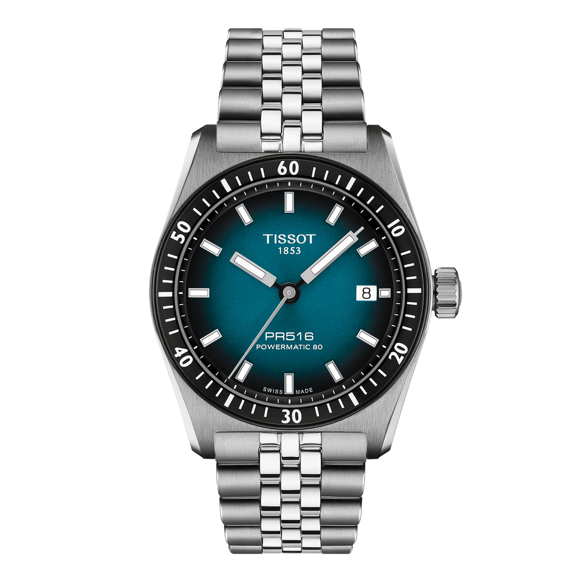 Tissot PR516 Powermatic 80 watch with a vibrant blue gradient dial, crisp white baton markers, and a brushed stainless steel bracelet inspired by vintage motorsport styling