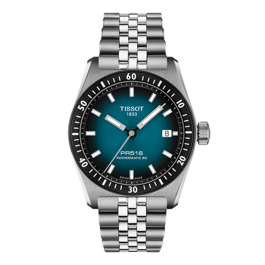 Tissot PR516 Powermatic 80 watch with a vibrant blue gradient dial, crisp white baton markers, and a brushed stainless steel bracelet inspired by vintage motorsport styling