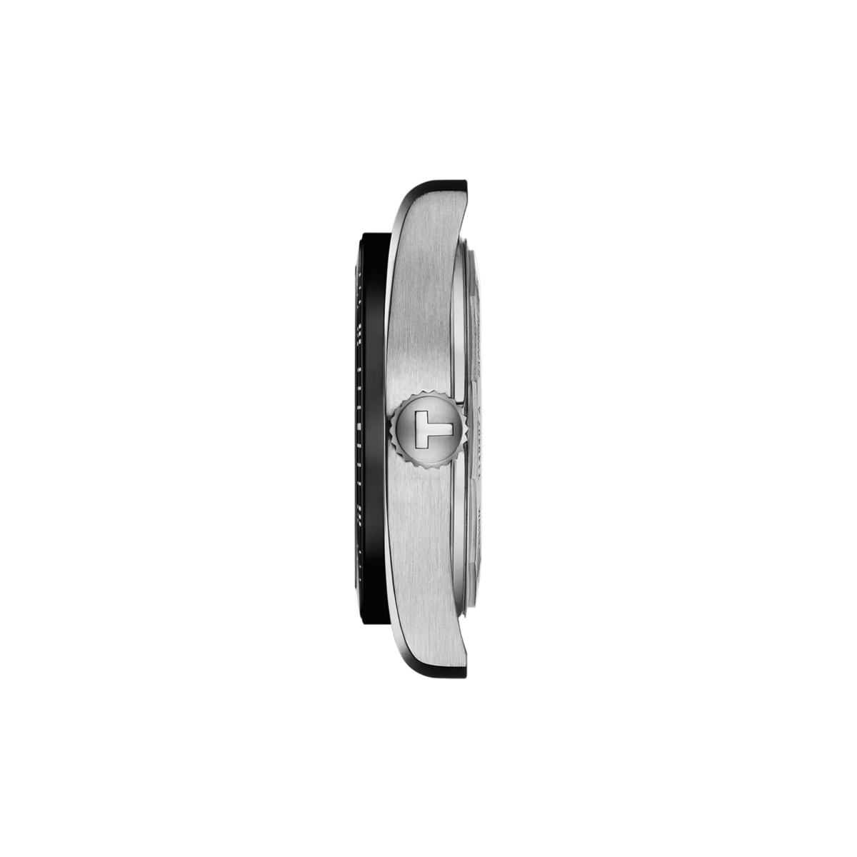 side profile of the stainless steel case showcasing the brushed finishing, slim automatic profile, and detailed crown design that enhance the retro racing-inspired aesthetic
