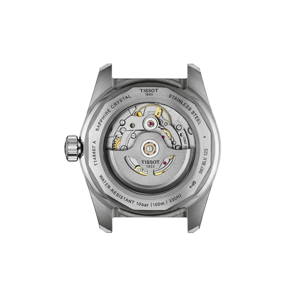 caseback image displaying the solid stainless steel construction and automatic movement housing built for dependable daily performance and long-lasting comfort