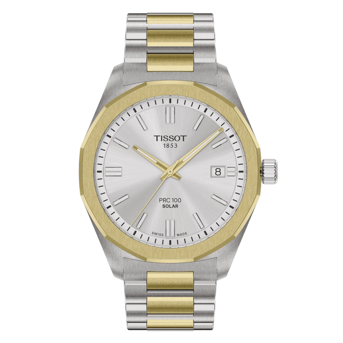Tissot PRC 100 Solar 39mm, featuring a silver dial, two-tone steel design and innovative Swiss Lightmaster Solar Quartz movement.