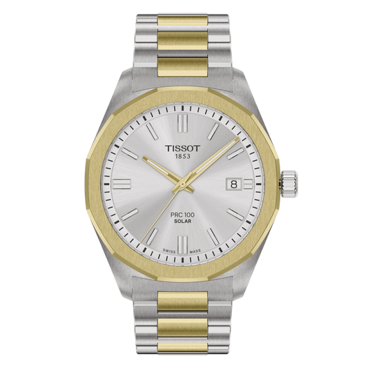 Tissot PRC 100 Solar 39mm, featuring a silver dial, two-tone steel design and innovative Swiss Lightmaster Solar Quartz movement.