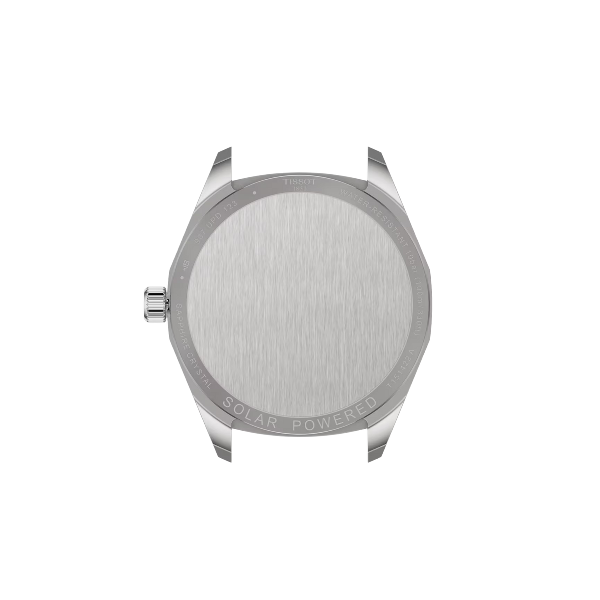 Case back view of Tissot PRC 100 Solar 39mm Silver Dial Watch