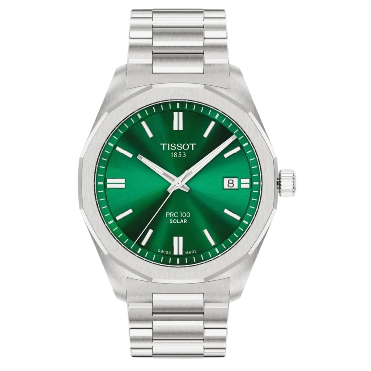 Tissot PRC 100 Solar 39mm, featuring a stainless steel case, green dial, sapphire crystal and innovative Swiss Solar Quartz movement.