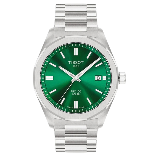 Tissot PRC 100 Solar 39mm, featuring a stainless steel case, green dial, sapphire crystal and innovative Swiss Solar Quartz movement.