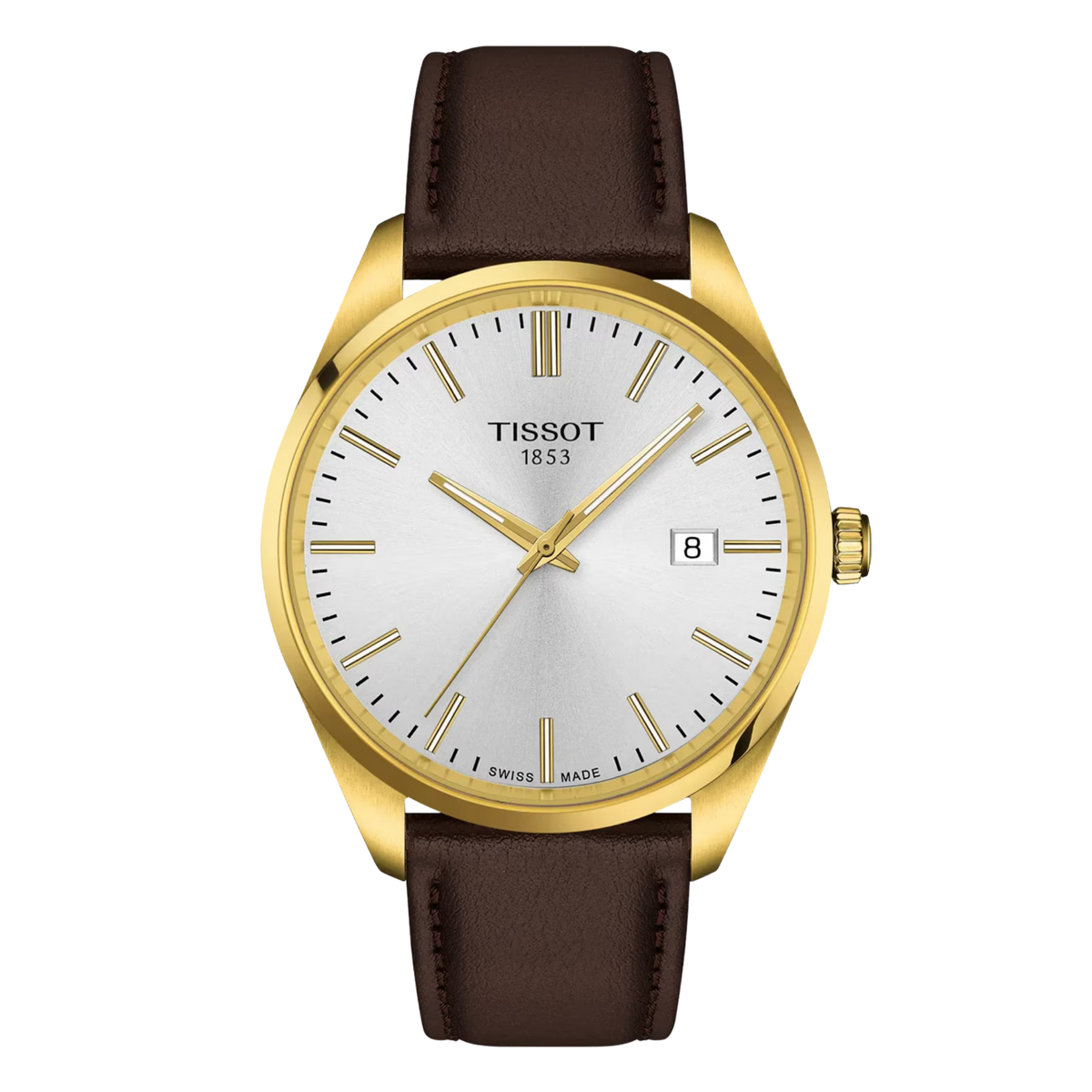 Tissot PR 100 Quartz 40mm, featuring a silver dial, gold PVD-coated bezel, brown leather strap and precise Swiss quartz movement.