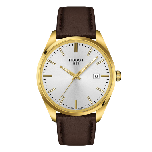 Tissot PR 100 Quartz 40mm, featuring a silver dial, gold PVD-coated bezel, brown leather strap and precise Swiss quartz movement.