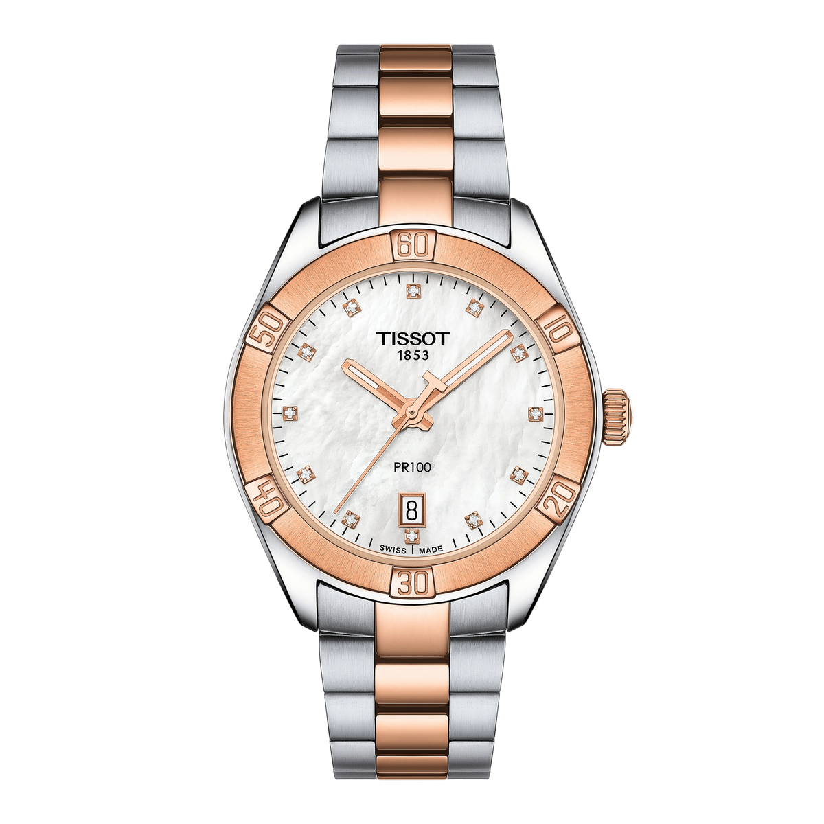 Tissot PR100 two-tone watch featuring a white mother-of-pearl dial with diamond-set hour markers, rose gold-tone hands, and a date window at 6 o’clock, finished with a rose gold-tone bezel and matching two-tone bracelet