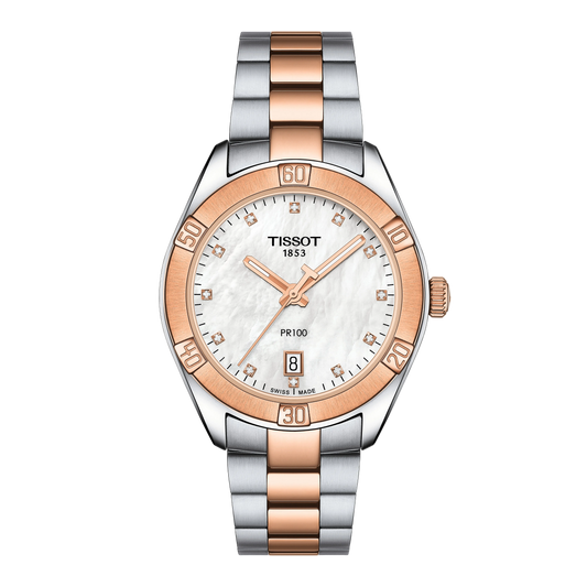 Tissot PR100 two-tone watch featuring a white mother-of-pearl dial with diamond-set hour markers, rose gold-tone hands, and a date window at 6 o’clock, finished with a rose gold-tone bezel and matching two-tone bracelet