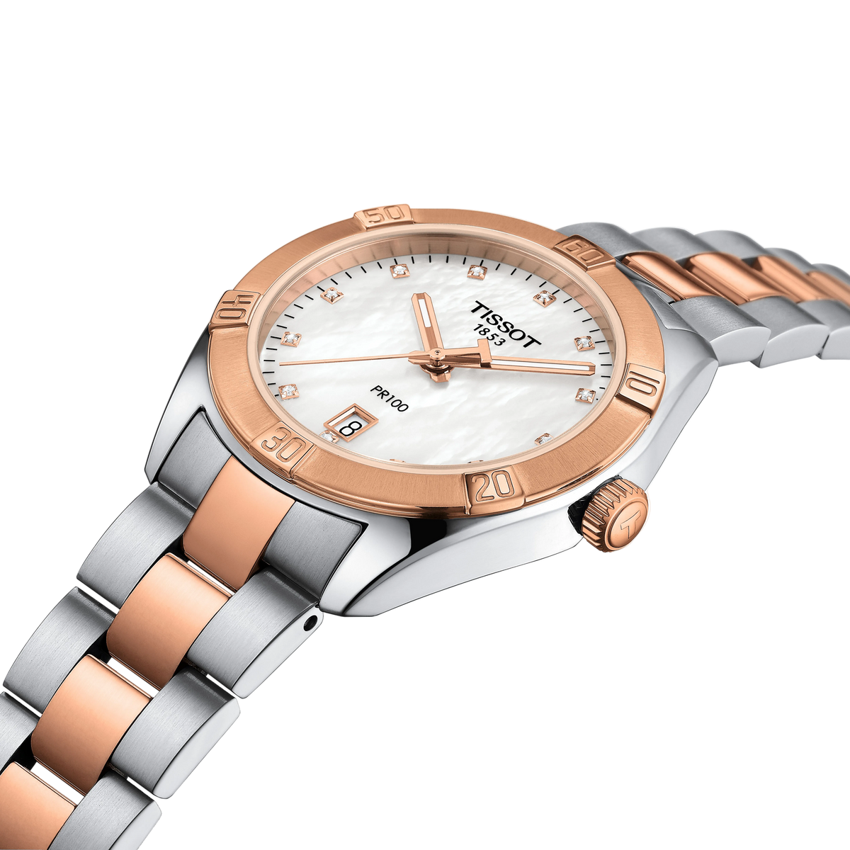 side profile of the case showcasing the brushed and polished stainless steel construction, rose gold-tone bezel detailing, and refined crown finish