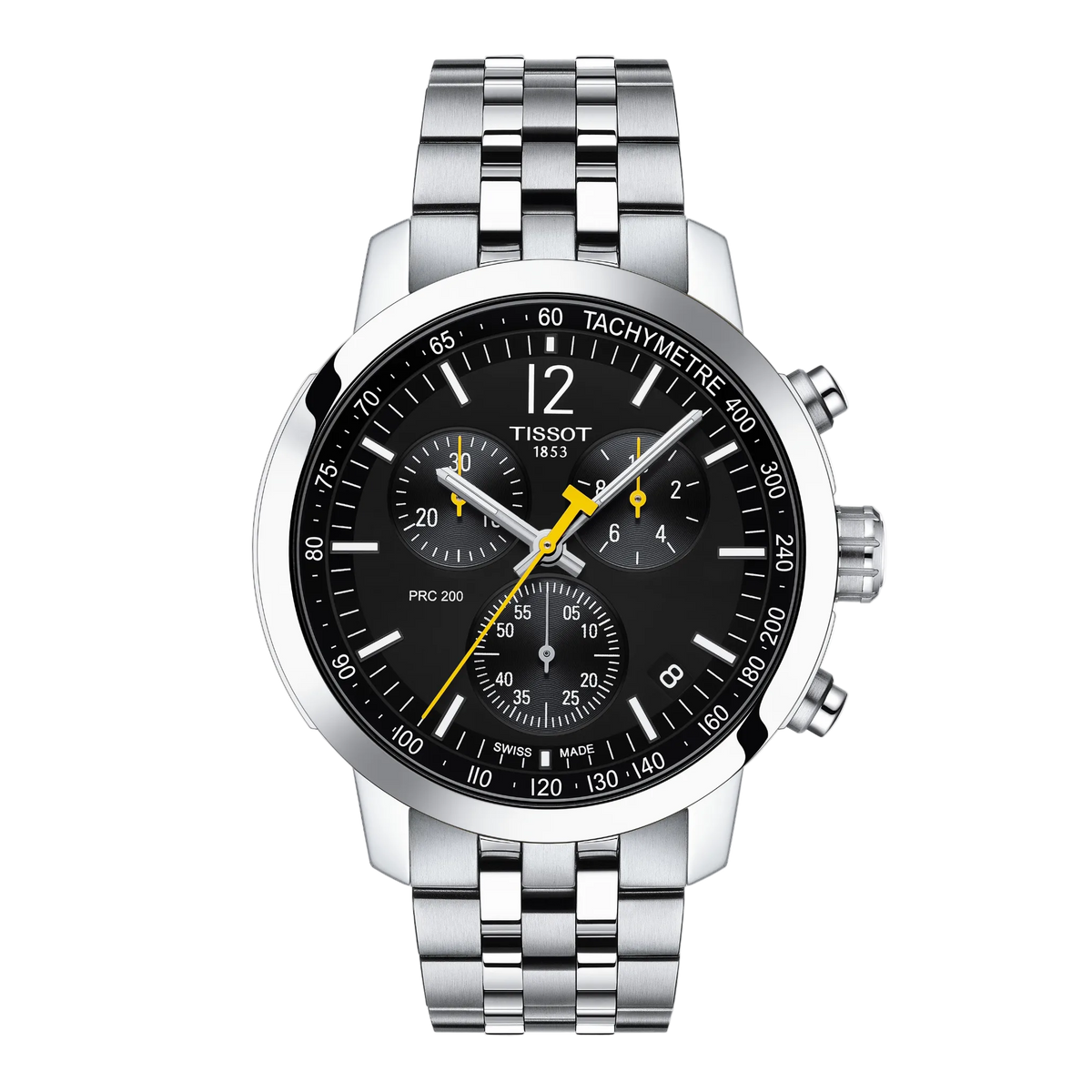 Tissot Black Dial Chronograph Watch featuring a sporty stainless steel bracelet, bold tachymeter bezel, and contrasting yellow chronograph accents for a dynamic motorsport-inspired look