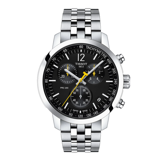 Tissot Black Dial Chronograph Watch featuring a sporty stainless steel bracelet, bold tachymeter bezel, and contrasting yellow chronograph accents for a dynamic motorsport-inspired look