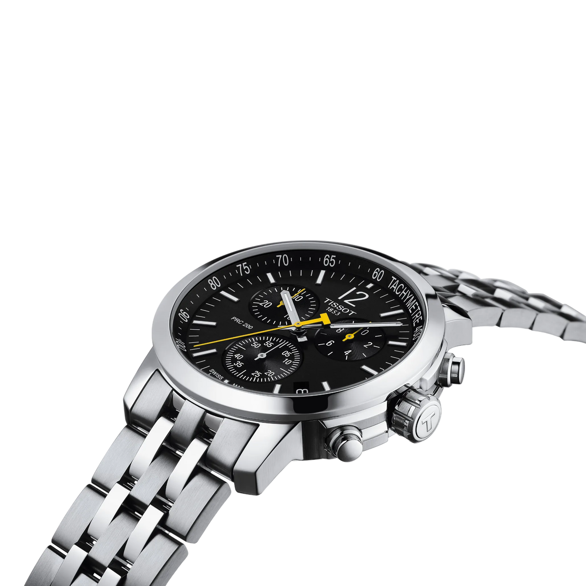 side profile image highlighting the polished stainless steel case, chronograph pushers, engraved tachymeter bezel, and textured crown for enhanced control and functionality
