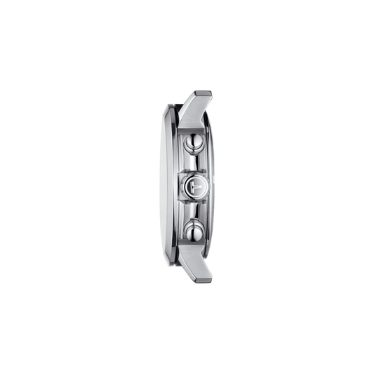 the watch worn on the wrist, showcasing the substantial stainless steel case, multi-function chronograph display, and striking yellow detailing designed for sporty everyday wear