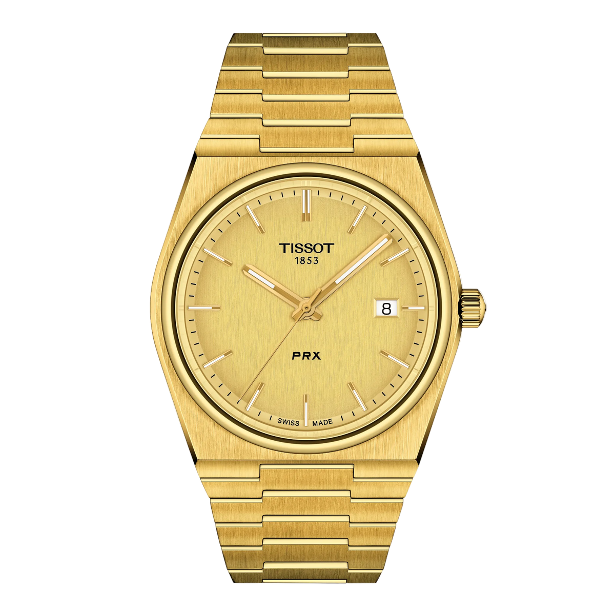 Tissot Gold Dial PRX Watch featuring a full gold-tone stainless steel design, brushed integrated bracelet, and minimalist gold dial for a bold retro-inspired luxury look