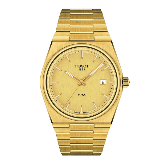 Tissot Gold Dial PRX Watch featuring a full gold-tone stainless steel design, brushed integrated bracelet, and minimalist gold dial for a bold retro-inspired luxury look