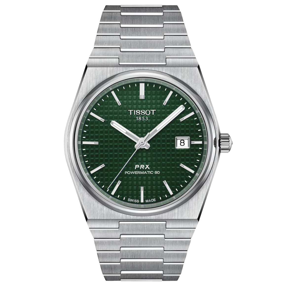 Tissot PRX Powermatic 80 40mm, featuring a stainless steel case, green textured dial and Swiss automatic movement with 80-hour reserve.
