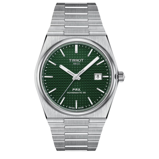 Tissot PRX Powermatic 80 40mm, featuring a stainless steel case, green textured dial and Swiss automatic movement with 80-hour reserve.