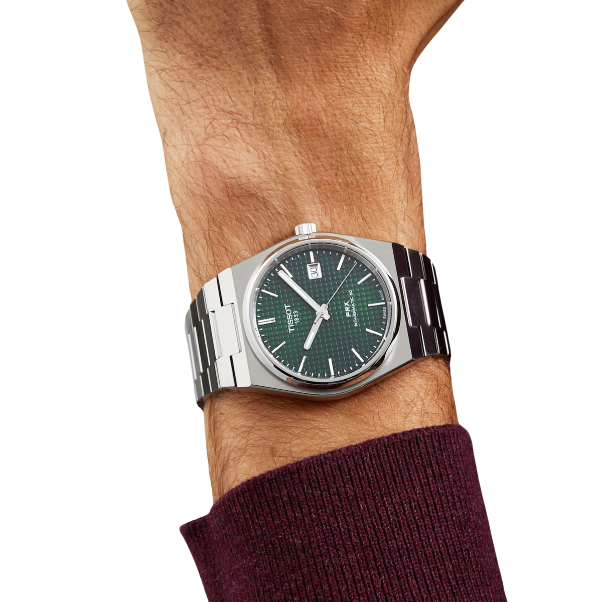 Tissot PRX Powermatic 80 40mm Green Dial Watch on a models wrist