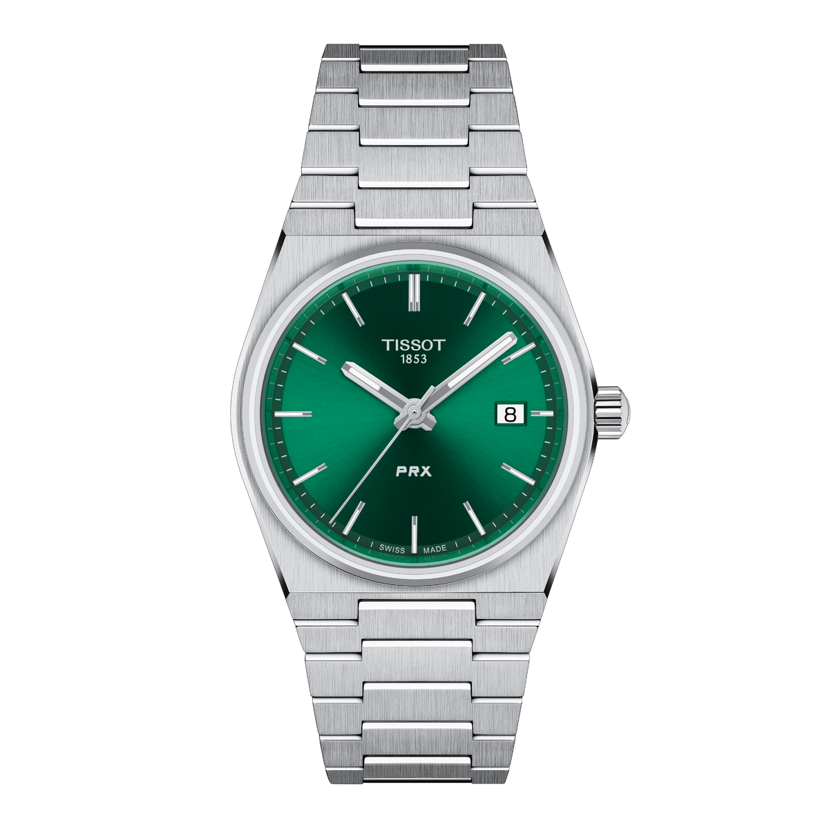 Tissot PRX stainless steel watch featuring a vibrant green sunray dial, slim silver-tone baton hour markers, and a date window at 3 o’clock, finished with the signature integrated stainless steel bracelet for a sleek modern look
