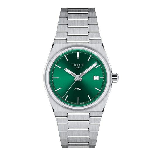 Tissot PRX stainless steel watch featuring a vibrant green sunray dial, slim silver-tone baton hour markers, and a date window at 3 o’clock, finished with the signature integrated stainless steel bracelet for a sleek modern look