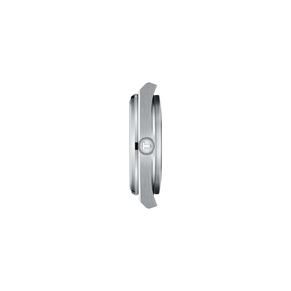 side profile of the case showcasing the brushed stainless steel finish, slim silhouette, and sharp geometric PRX case design