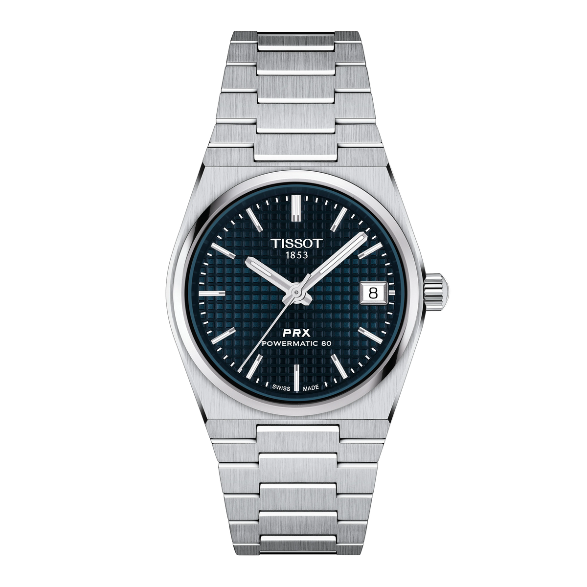 Tissot PRX Powermatic 80 stainless steel watch featuring a deep blue waffle-textured dial, silver-tone baton hour markers, and a date window at 3 o’clock, finished with the signature integrated stainless steel bracelet