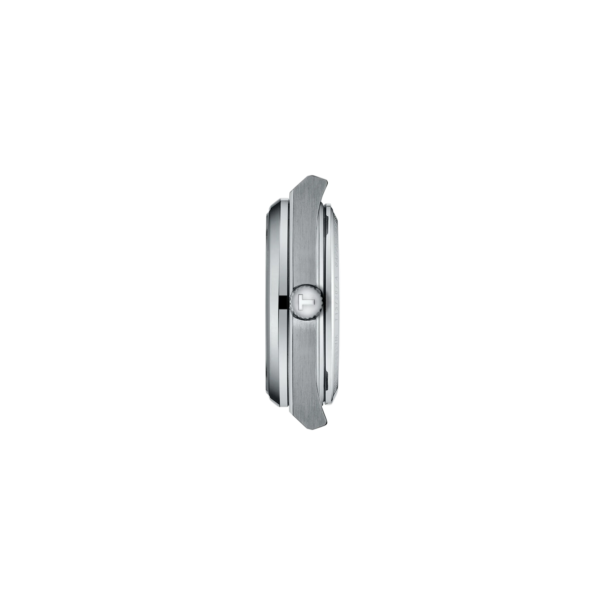 side profile of the case highlighting the sleek tonneau-inspired shape, brushed stainless steel finishing, and slim automatic case construction