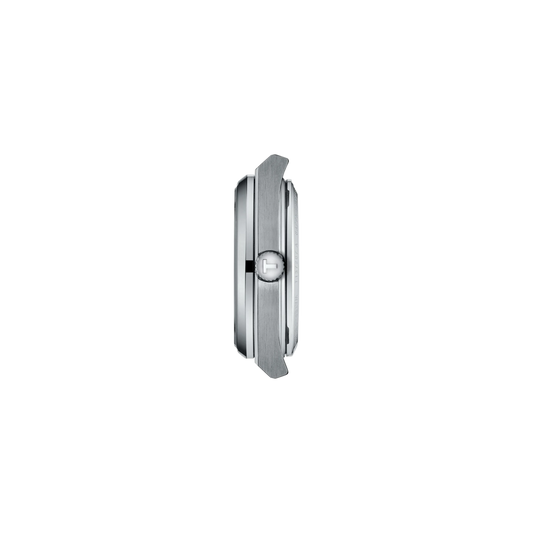 side profile of the case highlighting the sleek tonneau-inspired shape, brushed stainless steel finishing, and slim automatic case construction