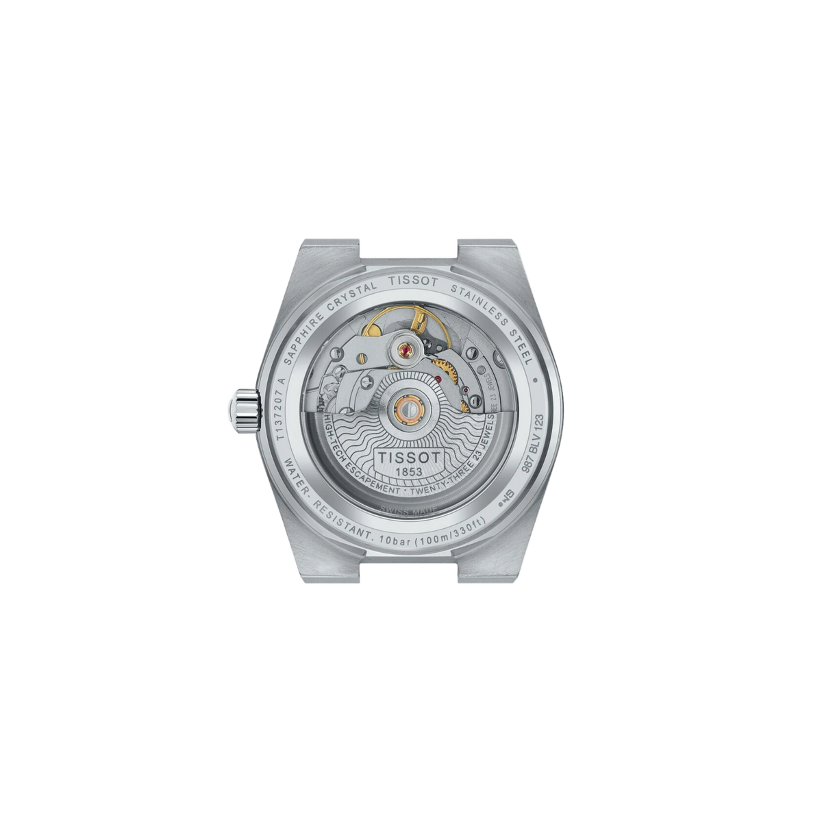 caseback view displaying the automatic movement housing and stainless steel construction, designed for durability and reliable everyday performance