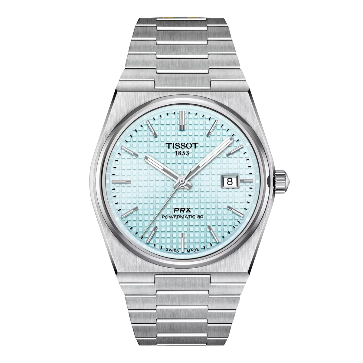 Tissot PRX Powermatic 80 automatic watch with ice blue dial and stainless steel bracelet.