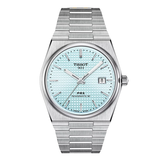 Tissot PRX Powermatic 80 automatic watch with ice blue dial and stainless steel bracelet.