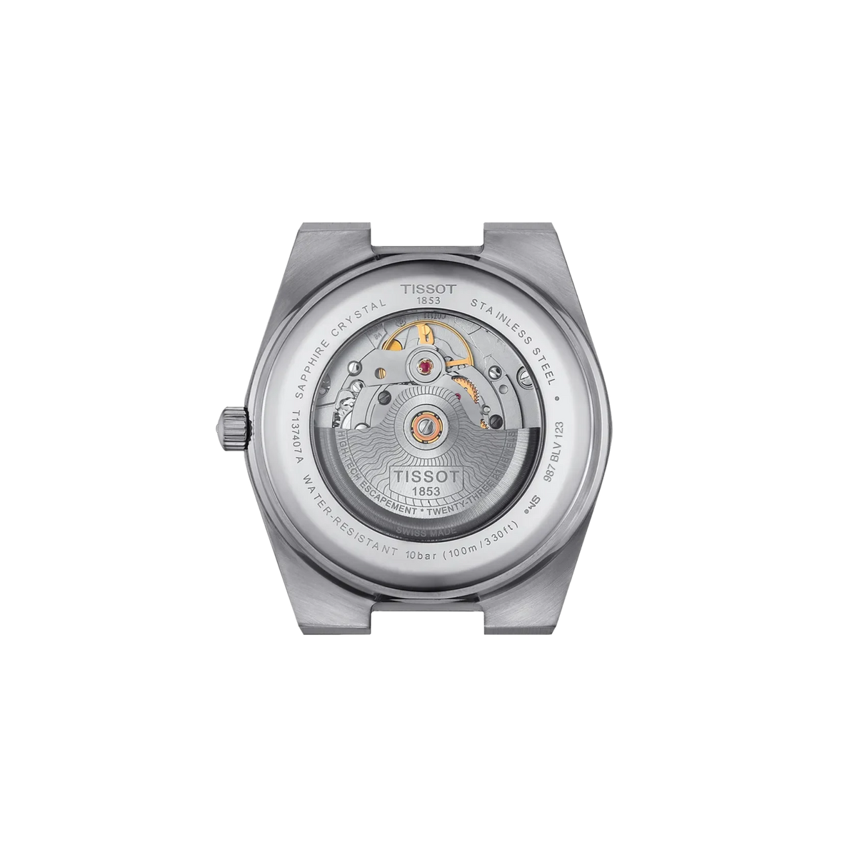Back view of the Tissot PRX Powermatic 80 stainless steel watch.