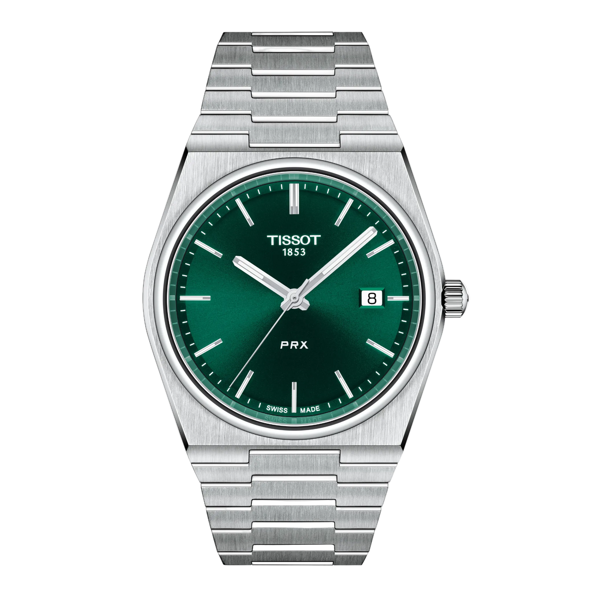 Tissot PRX Green Gradient Dial Watch featuring a deep blue sunray-effect dial, integrated stainless steel bracelet, and clean retro-inspired styling with a sleek modern finish