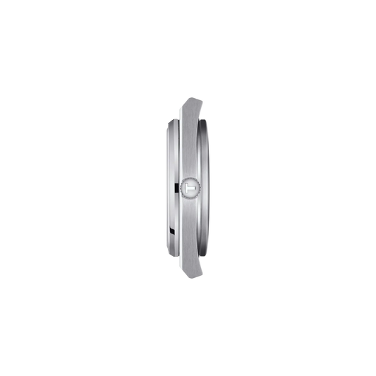 side profile image highlighting the slim stainless steel case, integrated bracelet construction, brushed finishing, and refined low-profile silhouette of the watch