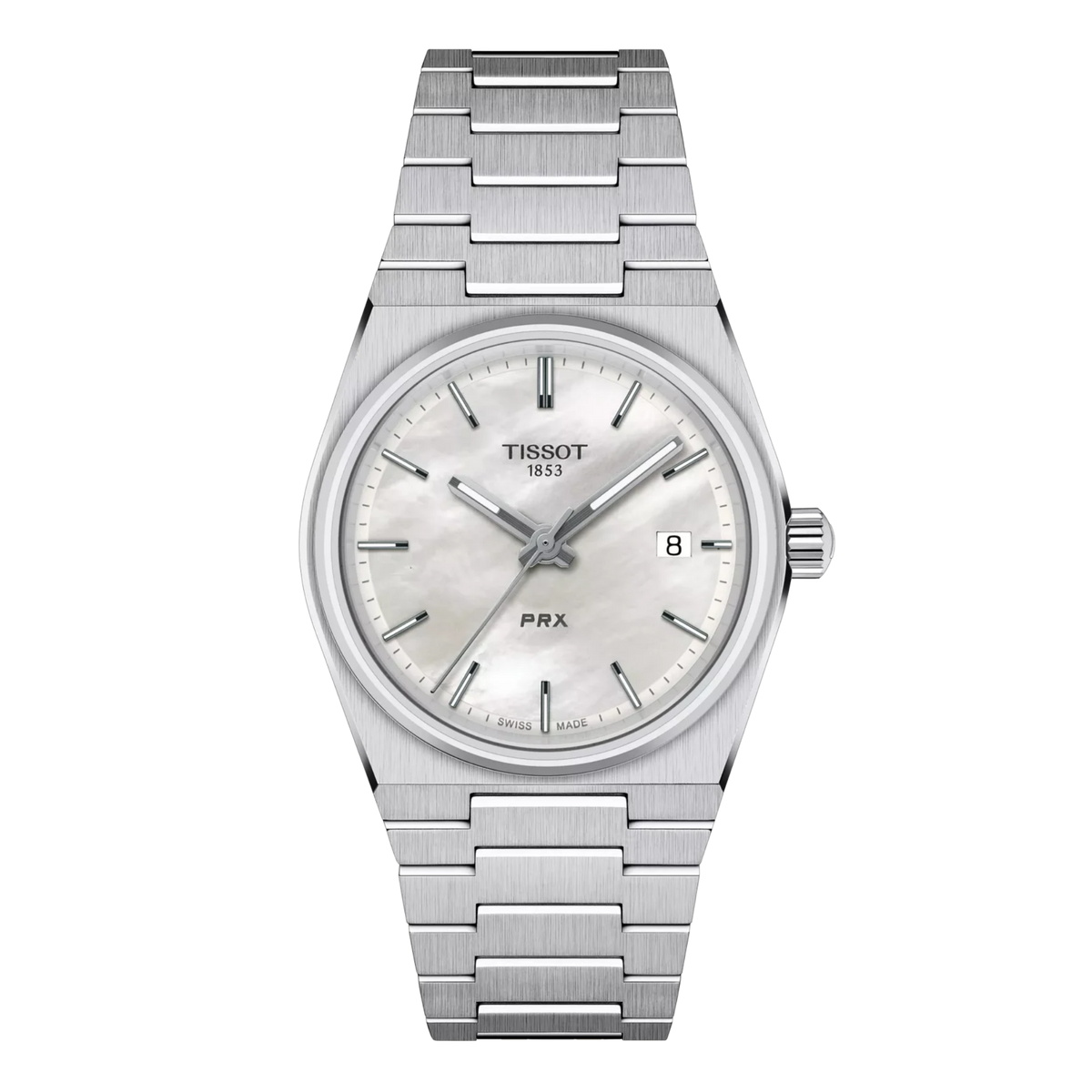 Tissot PRX 35mm watch with white mother-of-pearl dial and stainless steel bracelet.