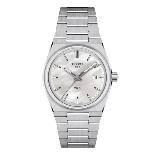 Tissot PRX 35mm watch with white mother-of-pearl dial and stainless steel bracelet.